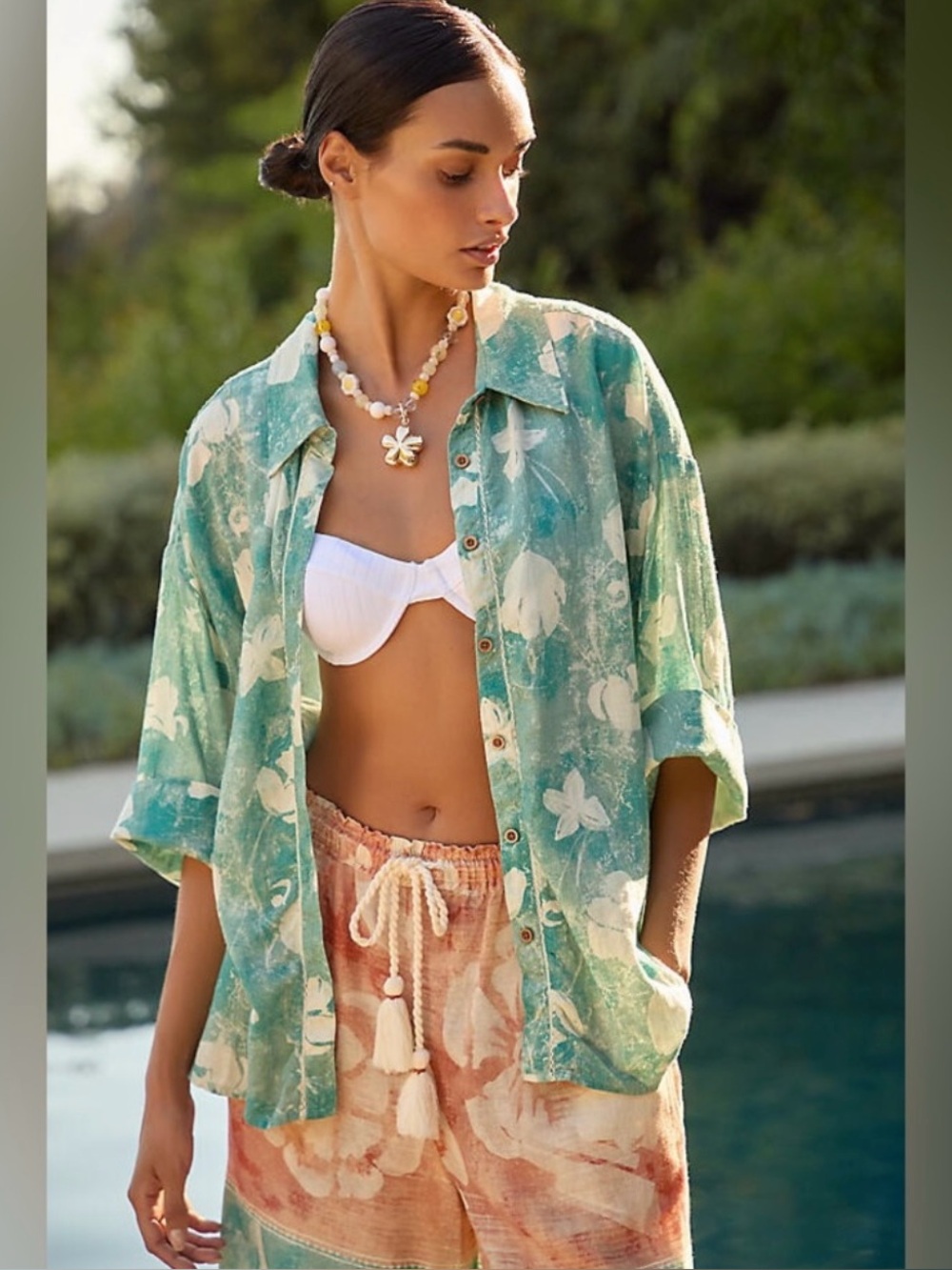 Anthropologie Teal Green Floral Button-Up
